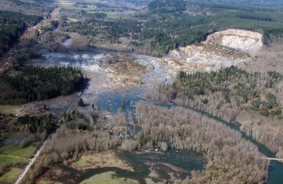 Oblique aerial photograph of the Oso, Washington landslide, showing the entire extent of the...