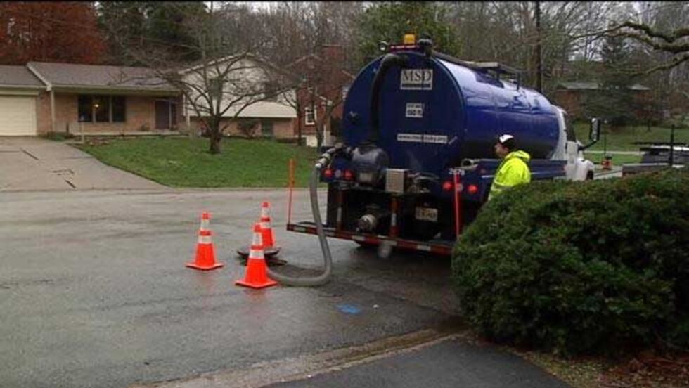 MSD truck pumping sewer to prevent backup into homes