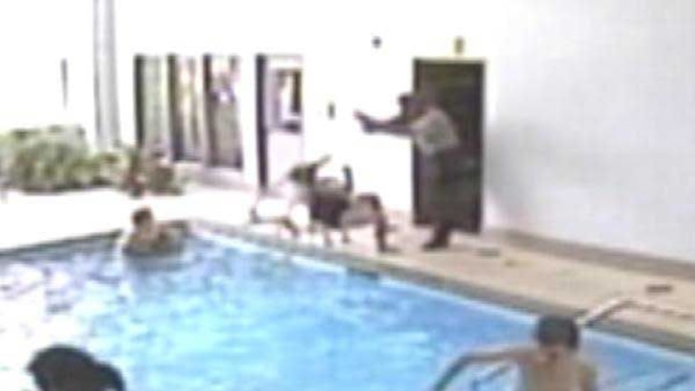 Surveillance image of Betty Haley being pushed into pool (Source: Larry Wilder)