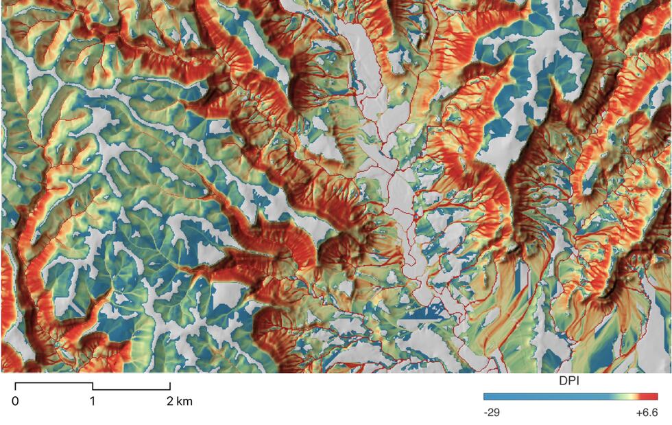 Results of a regional debris flow potential computer model draped over a digital elevation...