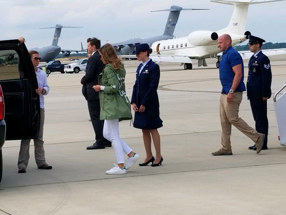 The first lady changed back into the same jacket when she returned to Washingon, D.C. later in...