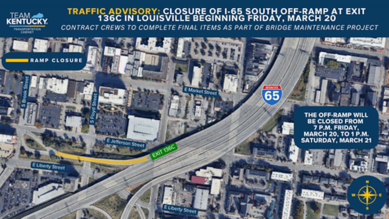 I-65 South off-ramp to Jefferson Street in downtown Louisville to I-65 South off-ramp to Jefferson Street in downtown Louisville to