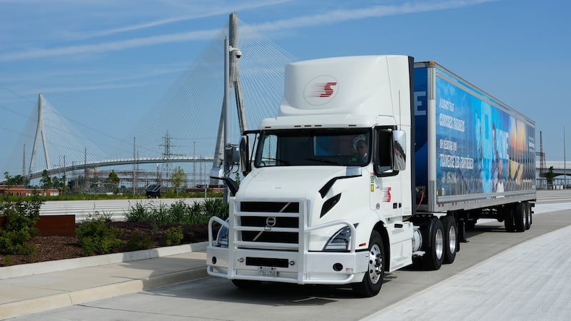 A truck is parked during a Canadian celebration marking the Gordie Howe International Bridge,...