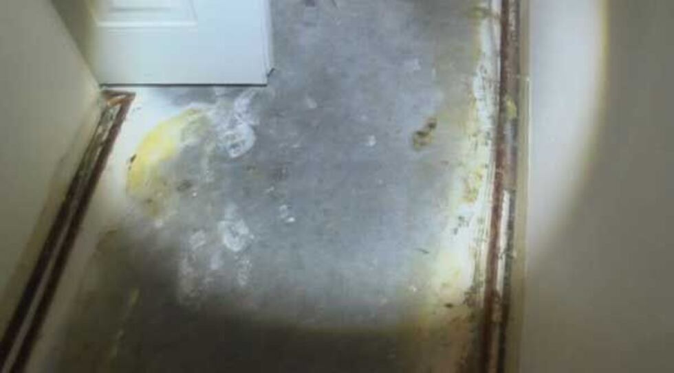 The bare concrete floors of Farrell's apartment after his flood damaged carpet was removed.