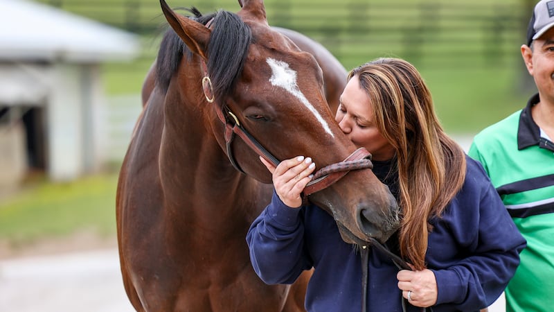 Trainer Cherie DeVaux with Kentucky Derby winner at their Keeneland Barn on May 5, 2026.