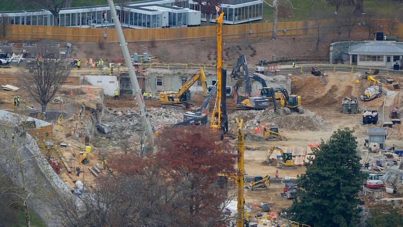 Work continues on the construction of the ballroom at the White House, Tuesday, Dec., 9, 2025,...