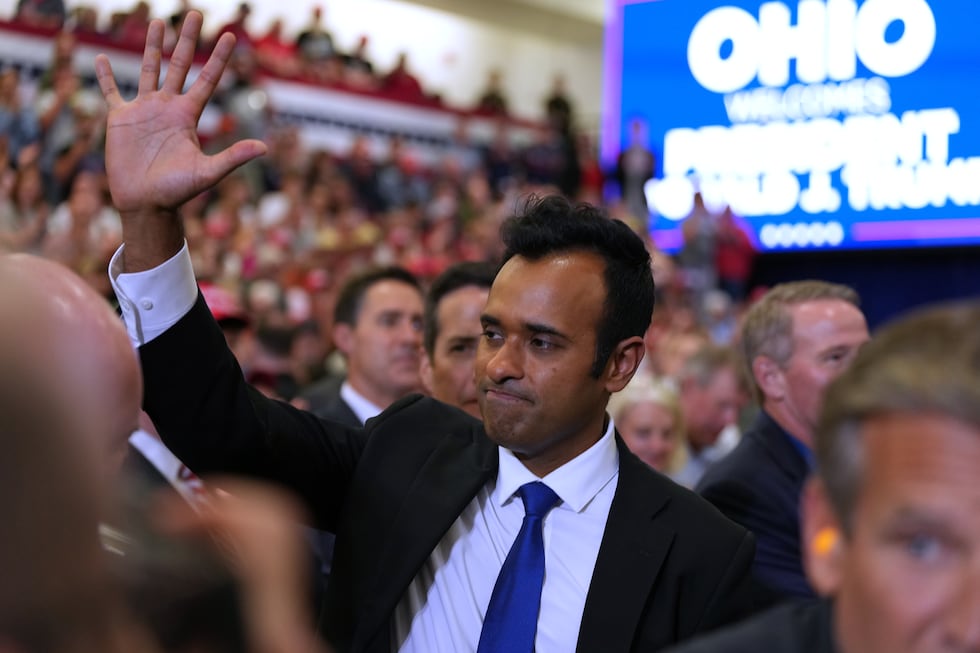 Republican gubernatorial candidate Vivek Ramaswamy arrives before President Donald Trump...