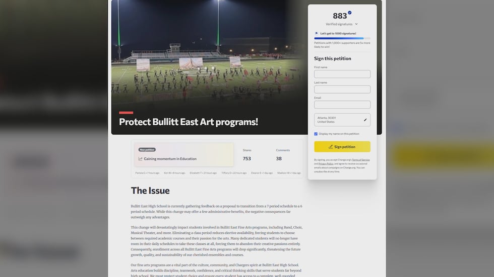 A petition calling to protect the art programs at Bullitt East High School.