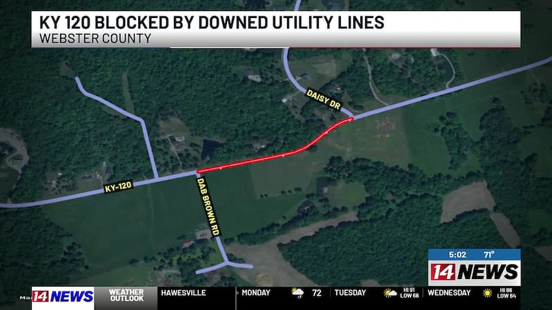 KY 120 blocked by downed utility lines in Webster Co.